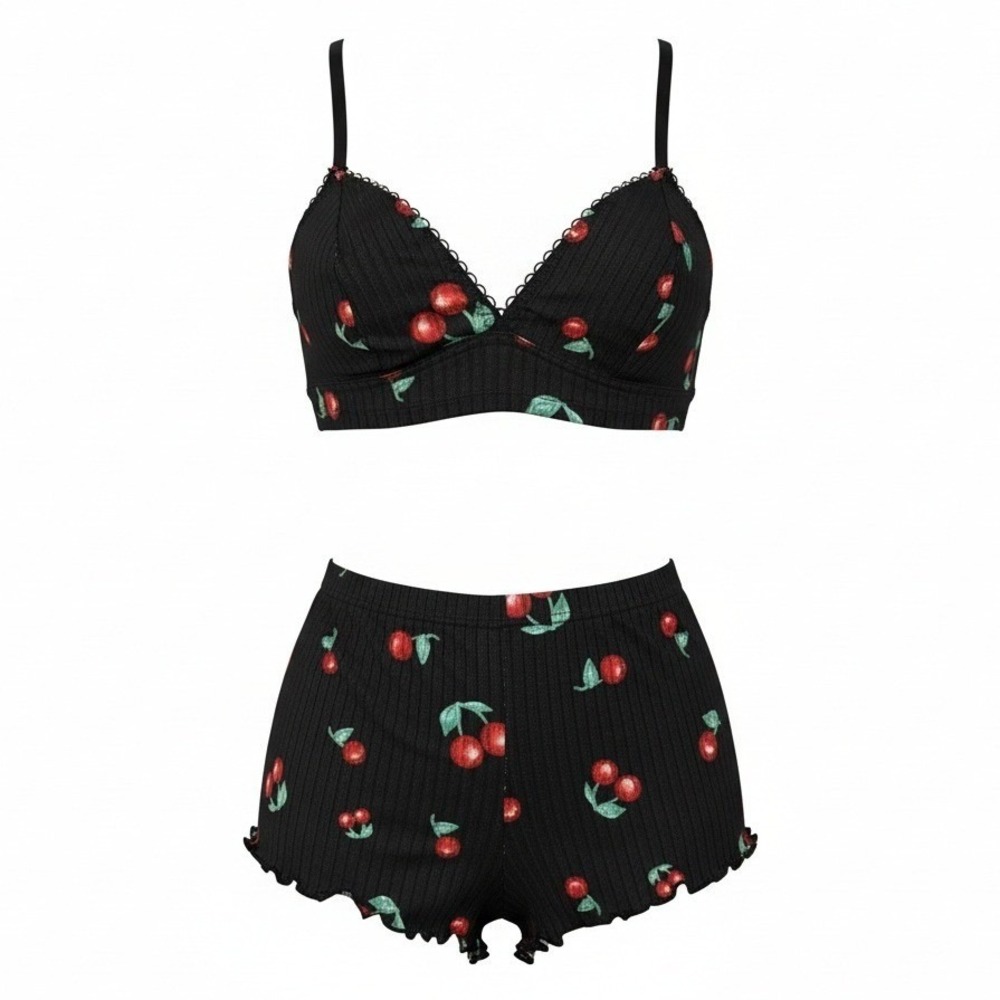 New Small Black Cherry Set 2 Piece Cami Pajama Set Shorts Bra Tank Top PJ Lounge